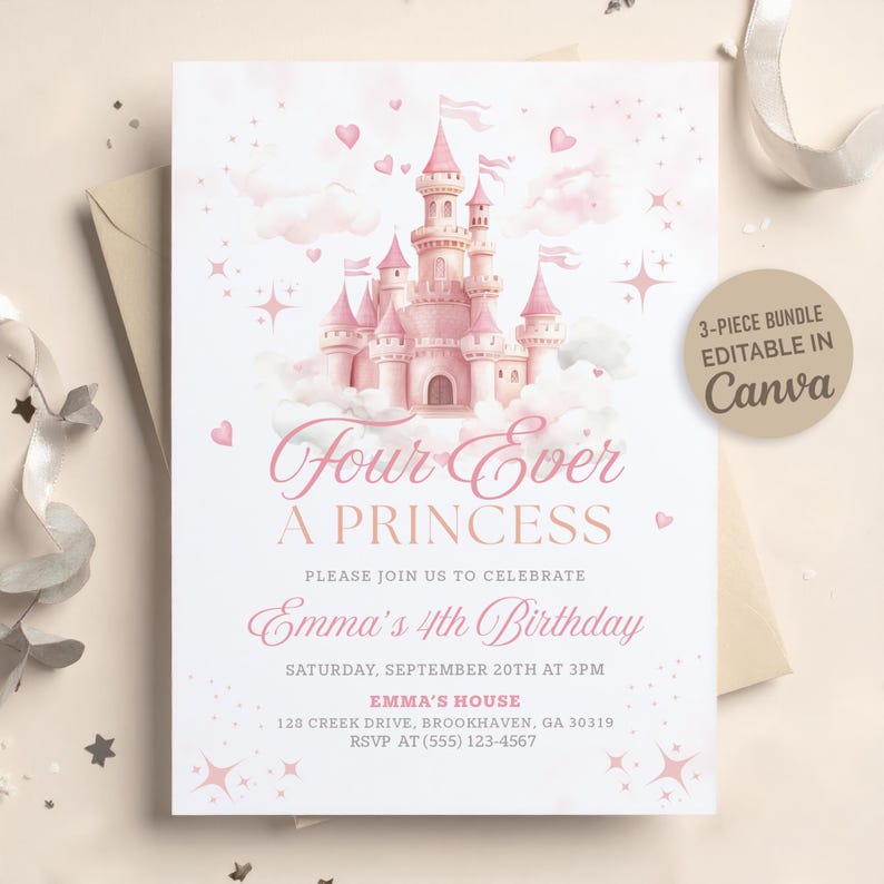Four Ever a Princess Birthday Invitation, Editable Princess Castle 4th Birthday Party Invite, Pink Girl Canva Template, Digital Download image 1