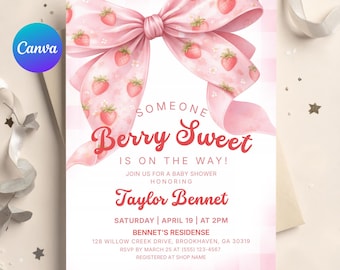 Berry Sweet Baby Shower Invitation Set, Strawberry Pink Bow Theme, Editable Canva, Digital Download