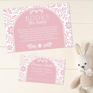Pink Cielito Lindo Baby Shower Insert Cards – Books for Baby & Diaper Raffle Ticket – Editable Mexican Fiesta Shower Printable – Floral Papel Picado Design – Canva Template for Instant Download