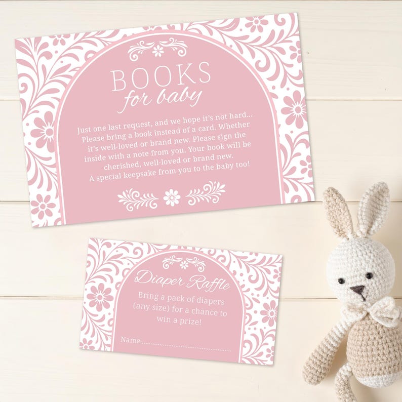 Pink Cielito Lindo Baby Shower Insert Cards – Books for Baby & Diaper Raffle Ticket – Editable Mexican Fiesta Shower Printable – Floral Papel Picado Design – Canva Template for Instant Download