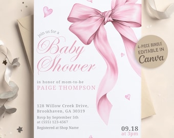 Pink Bow Baby Shower Invitation, Elegant Coquette Baby Girl Invite (Editable Canva)