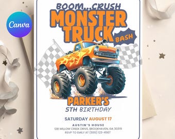 Monster Truck Birthday Invitation, Editable Monster Jam Party Invite, Boys Truck Invite, Canva Template Digital