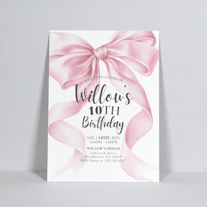 Editable pink bow birthday invitation template for girls. Coquette aesthetic Canva design with large ribbon and elegant script. Perfect for 10th birthday, teen party, or girly celebration. Printable and digital evite option included.