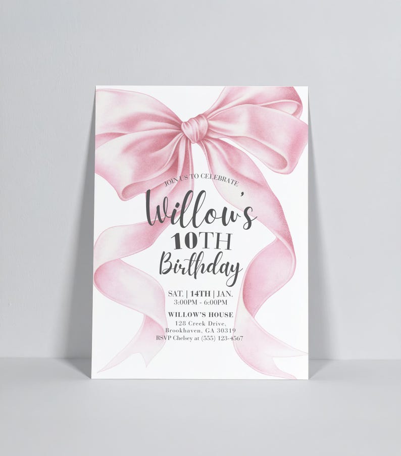 Editable pink bow birthday invitation template for girls. Coquette aesthetic Canva design with large ribbon and elegant script. Perfect for 10th birthday, teen party, or girly celebration. Printable and digital evite option included.