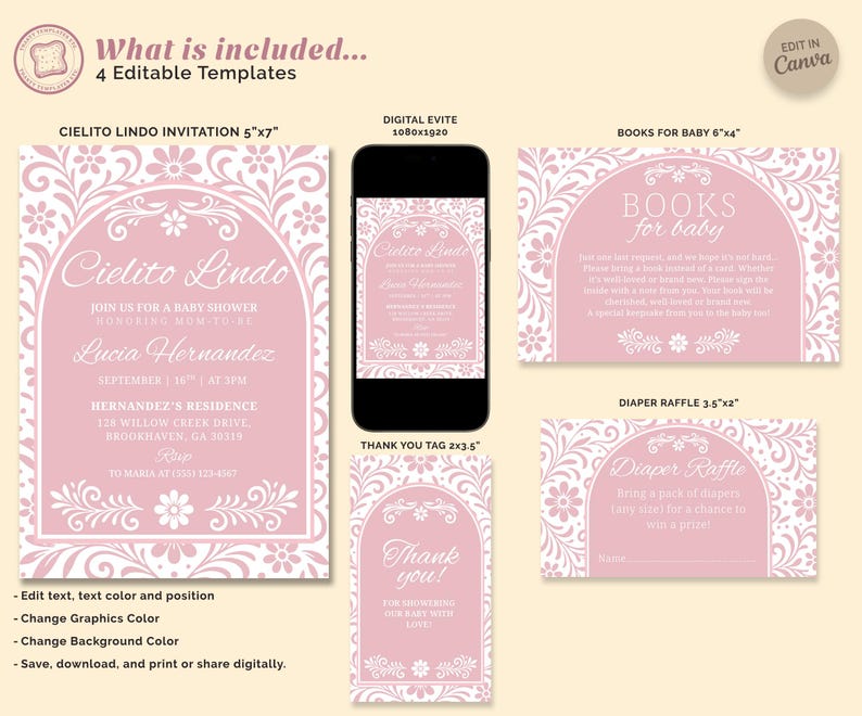 Pink Cielito Lindo Baby Shower Invitation Template for Girl, Editable Mexican Theme Baby Shower Invite, Papel Picado Invitation Canva image 2