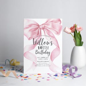 Editable pink bow birthday invitation template for girls. Coquette aesthetic Canva design with large ribbon and elegant script. Perfect for 10th birthday, teen party, or girly celebration. Printable and digital evite option included.