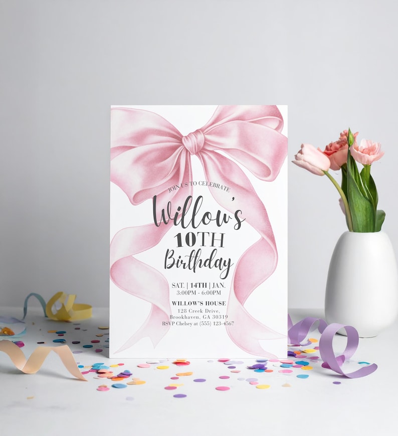 Editable pink bow birthday invitation template for girls. Coquette aesthetic Canva design with large ribbon and elegant script. Perfect for 10th birthday, teen party, or girly celebration. Printable and digital evite option included.
