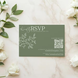 Sage green wedding RSVP card template with QR code, modern editable Canva design, printable response card for digital and email RSVPs, minimalist greenery wedding insert for DIY couples, boho elegant RSVP stationery for fall or spring weddings