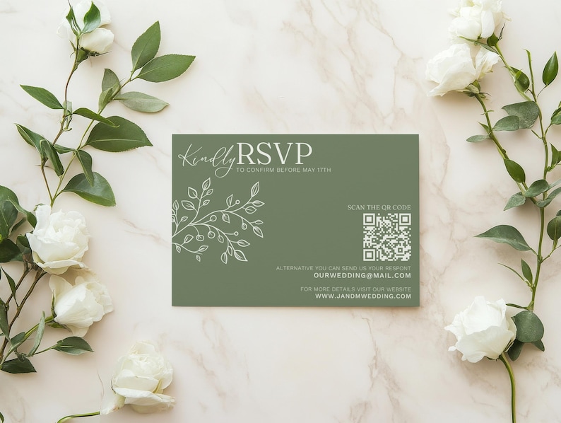Sage green wedding RSVP card template with QR code, modern editable Canva design, printable response card for digital and email RSVPs, minimalist greenery wedding insert for DIY couples, boho elegant RSVP stationery for fall or spring weddings
