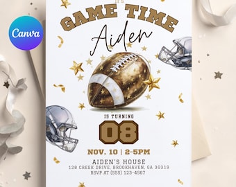 May include: A white invitation card with a football theme. The text "IT'S GAME TIME Aiden" is displayed in brown and gold. A football illustration and star accents are included. The card also includes the text "IS TURNING 08" and event details.