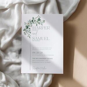 Elegant greenery wedding invitation template with minimalist sage green botanical florals. Features editable Canva design for modern DIY brides. Perfect for outdoor, garden, or rustic weddings. Includes RSVP and detail card options in matching style for a cohesive stationery suite