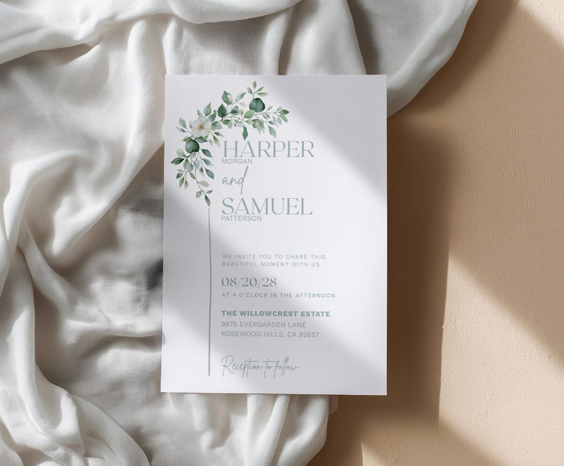Elegant greenery wedding invitation template with minimalist sage green botanical florals. Features editable Canva design for modern DIY brides. Perfect for outdoor, garden, or rustic weddings. Includes RSVP and detail card options in matching style for a cohesive stationery suite