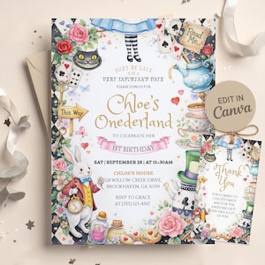Onederland 1st Birthday Invitation Template, Alice in Onederland Party Invite, First Birthday Tea Party, Wonderland Birthday, Editable Canva
