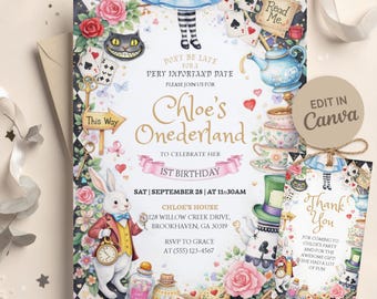 Onederland 1st Birthday Invitation Template, Alice in Onederland Party Invite, First Birthday Tea Party, Wonderland Birthday, Editable Canva
