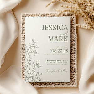 Elegant sage green wedding invitation template, minimalist floral design, DIY editable Canva invite, printable modern wedding stationery suite, classic boho greenery wedding card for rustic fall or spring weddings, neutral romantic invite design