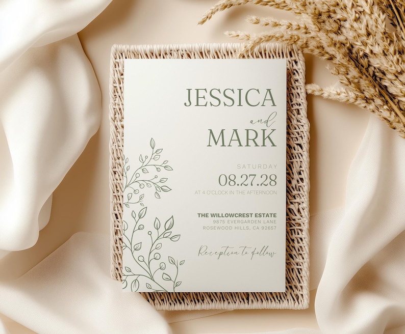 Elegant sage green wedding invitation template, minimalist floral design, DIY editable Canva invite, printable modern wedding stationery suite, classic boho greenery wedding card for rustic fall or spring weddings, neutral romantic invite design