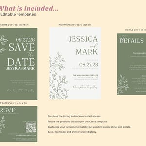 May include: Four editable templates for a wedding invitation suite. The templates include a save the date card, invitation, details card, and RSVP card. The cards feature a green background with white floral illustrations and text that says "Save the Date", "Jessica and Mark", "The Details", and "Kindly RSVP".