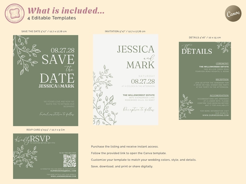May include: Four editable templates for a wedding invitation suite. The templates include a save the date card, invitation, details card, and RSVP card. The cards feature a green background with white floral illustrations and text that says "Save the Date", "Jessica and Mark", "The Details", and "Kindly RSVP".
