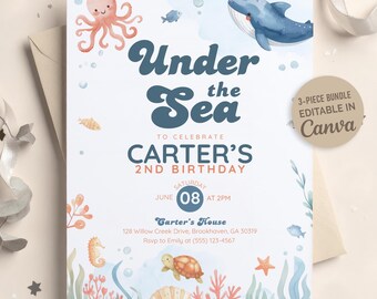 Under the Sea Birthday Invitation For Boy, Ocean Animals Party Invite, Editable Canva Invitation