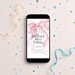 Digital pink bow birthday invitation on phone mockup. Coquette aesthetic Canva template, editable text for girls’ party evite.