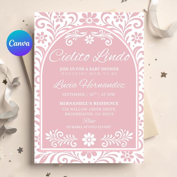 Pink Cielito Lindo Baby Shower Invitation Template for Girl, Editable Mexican Theme Baby Shower Invite, Papel Picado Invitation Canva