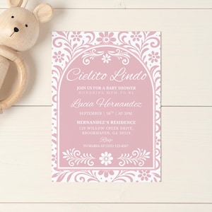 Cielito Lindo Baby Shower Invitation Template – Pink Papel Picado Inspired Printable for Hispanic or Mexican Baby Shower – Editable Canva Design – Floral Fiesta Theme Instant Download Invite for Girl Baby Celebration