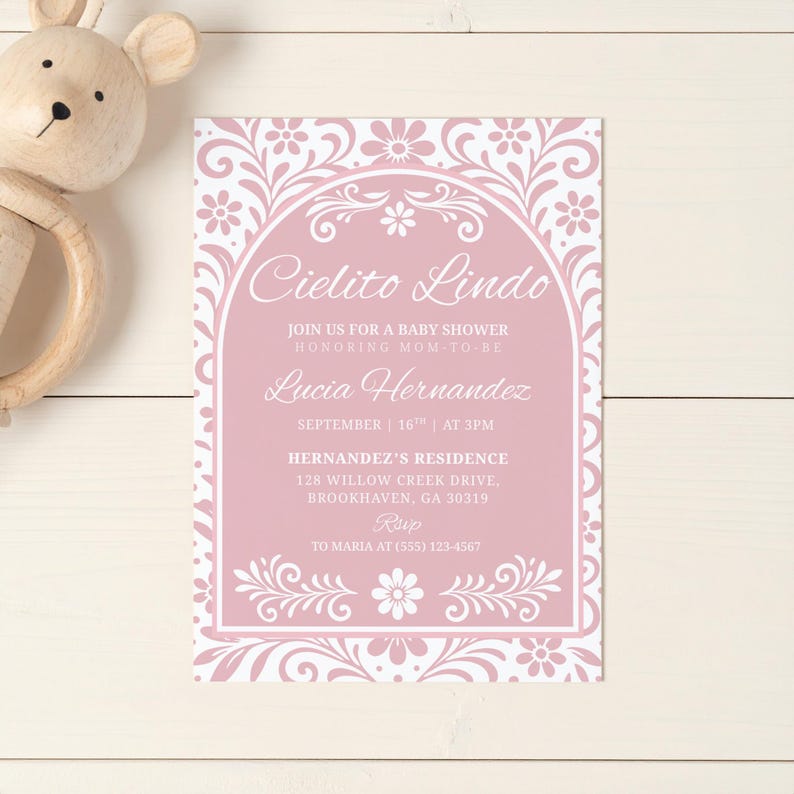 Cielito Lindo Baby Shower Invitation Template – Pink Papel Picado Inspired Printable for Hispanic or Mexican Baby Shower – Editable Canva Design – Floral Fiesta Theme Instant Download Invite for Girl Baby Celebration