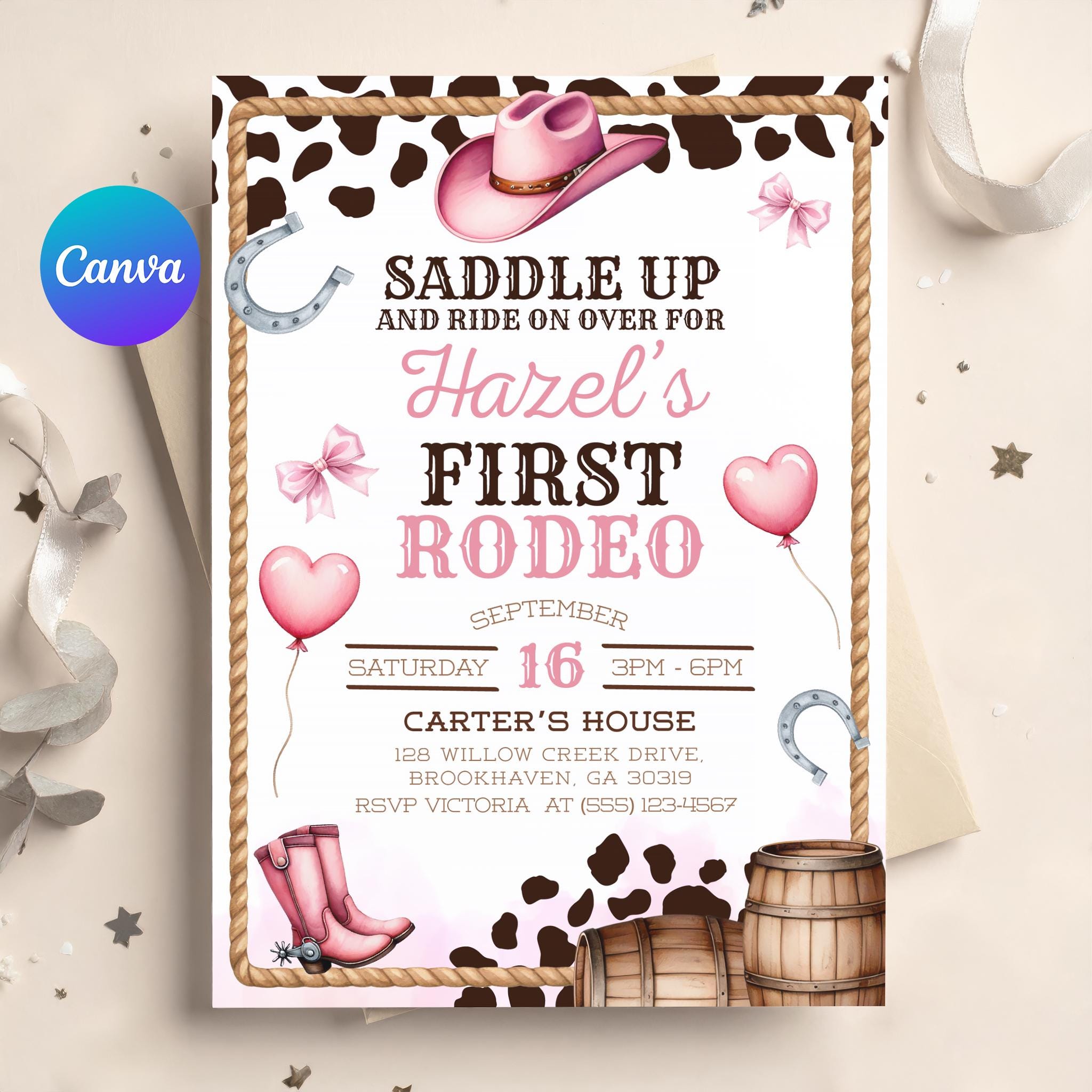 First Rodeo birthday invitation Editable Cowgirl Theme Wild West Western Girl 1st Birthday Invite Template, Printable Digital Download
