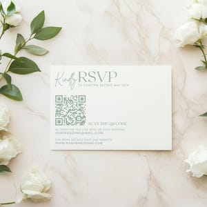 Elegant greenery RSVP card template with minimalist eucalyptus watercolor design. Editable Canva wedding RSVP card with QR code for easy guest responses. Perfect for garden, botanical, or rustic wedding stationery suites. Customize text and colors for your special day