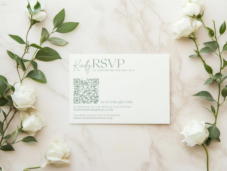 Elegant greenery RSVP card template with minimalist eucalyptus watercolor design. Editable Canva wedding RSVP card with QR code for easy guest responses. Perfect for garden, botanical, or rustic wedding stationery suites. Customize text and colors for your special day