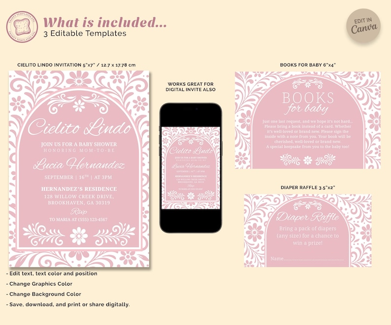 May include: Pink baby shower invitation templates with floral designs. Includes a 5"x7" invitation, a 6"x4" book request card, and a 3.5"x2" diaper raffle card. The invitation reads "Cielito Lindo" and includes event details.