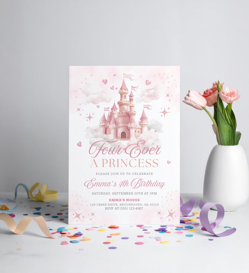 Editable princess birthday invitation template featuring a pink fairytale castle with hearts, stars, and clouds. Reads “Four Ever a Princess” and is perfect for a 4th birthday celebration. Customizable in Canva, printable 5"x7" design, ideal for little girls’ princess-themed parties.