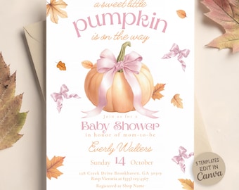 Editable Pumpkin Baby Shower Invitation Pink Bow Fall Autumn Little Pumpkin Baby Girl Shower Template Printable Invite Canva Download