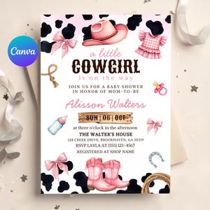Editable Cowgirl Baby Shower Invitation Set, Pink Rodeo Western Girl Baby Shower Canva Template, A Little Cowgirl Invite Digital Printable