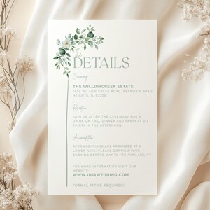 Editable greenery wedding details card template featuring eucalyptus and floral watercolor design. Perfect for botanical, garden, or rustic weddings. Canva template includes ceremony, reception, and accommodation info. Fully customizable DIY wedding stationery suite