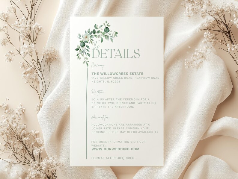 Editable greenery wedding details card template featuring eucalyptus and floral watercolor design. Perfect for botanical, garden, or rustic weddings. Canva template includes ceremony, reception, and accommodation info. Fully customizable DIY wedding stationery suite