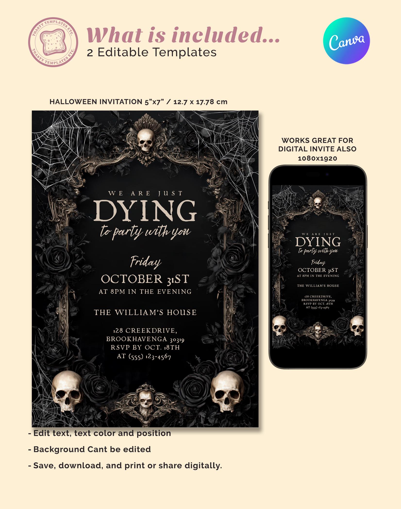 Gothic Skull Halloween Party Invitation, Editable Dark Adult Halloween ...