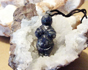 Sodalite Goddess / Venus Willendorf Pendant on cord, Fertility, Birth 19t83