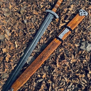 Handmade Damascus Steel Sword – 36&quot; with Wooden Scabbard | Collectible Viking