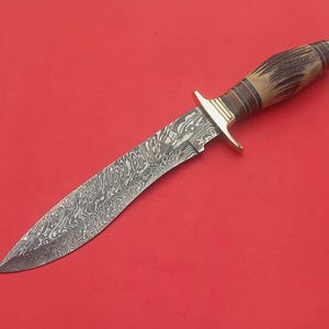 Handmade Damascus Steel Hunting Bowie Knife & Brass Guard Best gift For Dears.