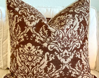 Brown Beige Chenille Jacquard Pillow Cover, Fringe Trim, Vintage Fabric, Grandmillennial Style