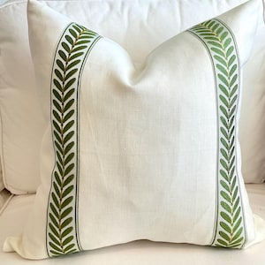 Linen Throw Pillow Cover; Green or Blue Laurel Trim; Designer Custom; 100% Linen; Chinoiserie; Grandmillennial