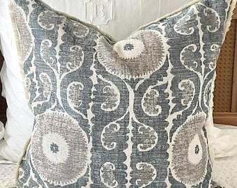Coastal Blue Pillow Cover: Blue; Fringe trim; Vintage Designer Fabric; Geometric; Grandmillennial
