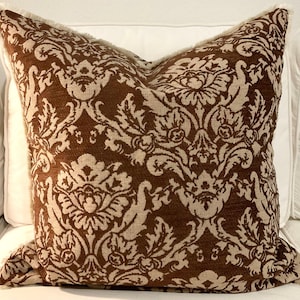 Chenille Jacquard Pillow Cover: Brown Beige Damask with Fringe