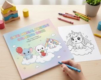 Könnte beinhalten: Ein Malbuch mit dem Titel "Cute Animal Friends Coloring Book" mit Illustrationen eines Babyelefanten, eines Bären und eines Einhorns. Das Buch ist neben einer Ausmalseite eines Einhorns geöffnet. Buntstifte und Holzbausteine sind ebenfalls sichtbar.