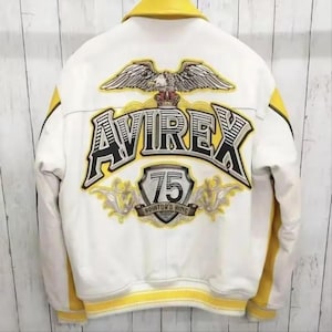 Avirex Vintage style Leather Jacket, Yellow Aviator King 75 Mens Bomber Avirex Jacket Motorcycle Western Style Genuine Cowhide Biker Leather