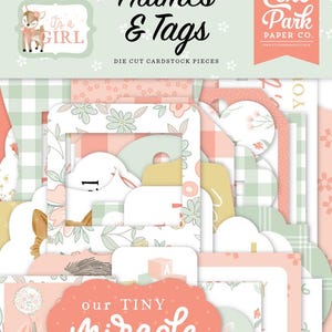 May include: A set of 33 die-cut cardstock pieces for scrapbooking and paper crafting. The pieces feature a pink and green color scheme with floral patterns, gingham checks, and a deer with the text "It's a Girl". The set also includes tags with the text "Our Tiny Miracle" and "You".