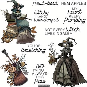 Set of 9 Halloween witch clear stamps, junk journal, Halloween cards, tags
