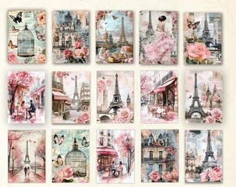 Set of 10 travel/Paris postcards, cards, planners, junk journals