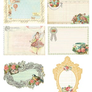 May include: A collection of vintage-style scrapbook paper designs. Each design features ornate frames, floral elements, and pastel color palettes. Some include illustrations of a hot air balloon, a ballerina, and a teacup.
